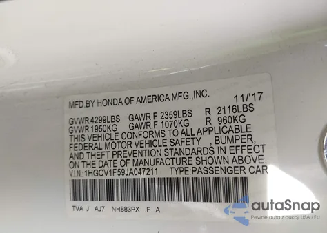 2018 Honda Accord Ex-L from USA, damaged, VIN 1HGCV1F59JA047211